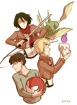 omako:  snk characters with pokemon?????  I’ll be doing a picture with pokemon for all the SNK characters :))) ! anyways here is our lead trio and their pokemon!!