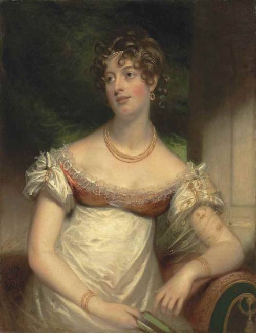 Portrait of Miss Anne Lee, half-length, in a white dress, with a gold necklace and bracelets, pearls