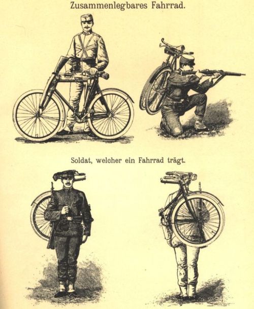 Late 19th century illustration of Austrian bicycle infantry with a special light fold-up bicycle.