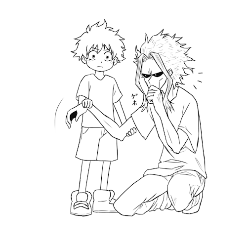 athanatosora:  “Support” - Part of Dad-Might and Mini-Deku AU (Premise) Someone please sit this man down and make him rest. I feel like every other time I’m drawing him he’s spewing blood (Random AU Note: About halfway to Recovery Girl’s, Toshinori