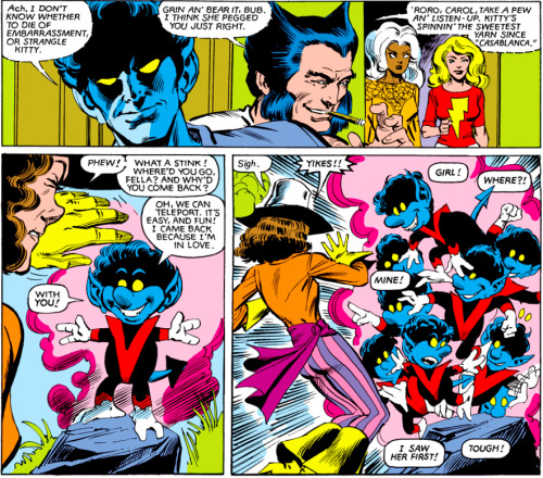 1407-graymalkin-lane:  Pirate Kitty’s team has had to stop on an island that turns out to be overrun by Bamfs Uncanny X-Men #153, January 1982 