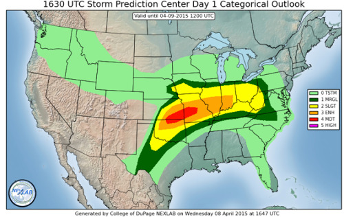 tornadotitans:  Parts of the enhanced risk area have been upgraded to a Moderate risk, citing the increased confidence in potential for a few tornadoes, a couple of which may be strong.  Read our blog on today here: http://ift.tt/1JoDZQN
