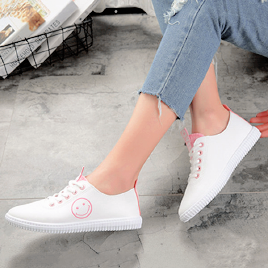 pinkune:Smile Face Lace Up Flat Casual White Shoes 