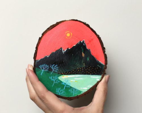 sosuperawesome:  Mini paintings on cedar by Cathy McMurray on Etsy