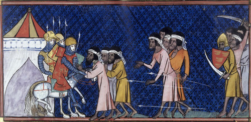 speciesbarocus:Les Grandes chroniques de France (c. 1332).An attack by Saracens on a Christian camp.