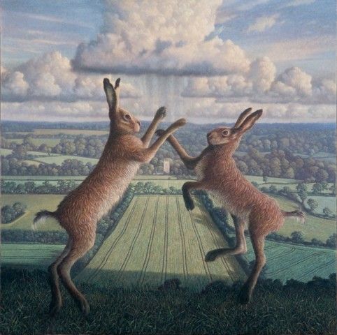 having-it-all:James Lynch (1956 - ) Spring Heralds (Boxing Hares)    Egg tempera on gesso coated woo