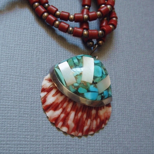 SIGNED Vintage Native American Santo Domingo NECKLACE Turquoise STERLING Mosaic Inlay Shell Kewa Pue