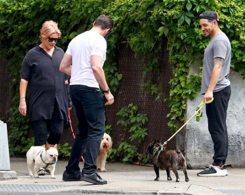 Hugh Jackman Wearing a ‘Laughing Man’ Coffee shop t-shirt out with his wife walking their Dogs Dali 