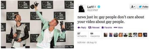 misandrist:buzzfeedmusic:Gay rapper Le1f wrote an angry Twitter tirade about Macklemore’s VMA win.st