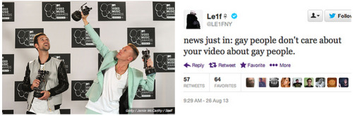 misandrist:  buzzfeedmusic:  Gay rapper Le1f wrote an angry Twitter tirade about Macklemore’s VMA win.  still relevant tbh 