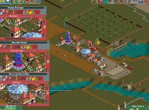 Deciding to play it safe, I have started Horsedick Partytown Park out with the classic “that one area where you shove all the shitty starting rides plus also a food court” tactic. We are starting to make a profit, and can probably make some