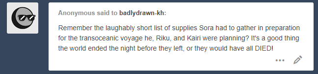 badlydrawn-kh:  i mean really, raw food, one bottle of water and no way to cook them?
