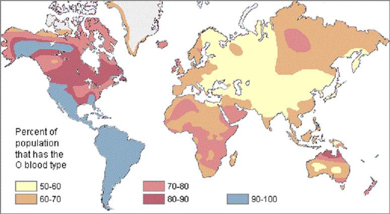 Distribution of the O type blood in native populations of the world.