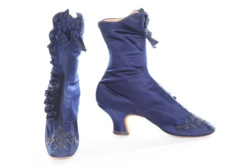 historicaldress:A pair of midnight-blue satin ladies’ buttoned ankle boots, 1875-80, with bead