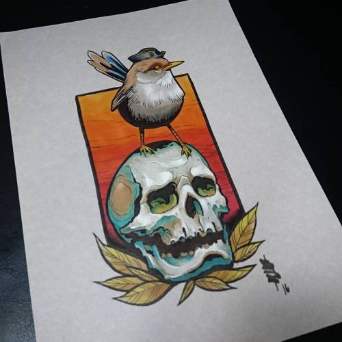 Pássaro e Crânio Estudo de sábado  #marker #copicmarkers #neotraditionaltattoo #