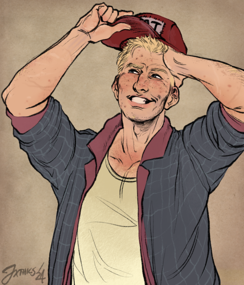 a drawing of sam guthrie in a pink, blue and white flannel and a red ballcap. he is lifting his cap to push his hair back with a grin.