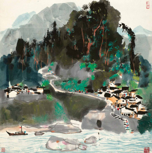 Wu Guanzhong (1919 - 2010) - Mountain Dwellings in Southern Anhui. Ink and colour on paper.