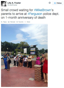 socialjusticekoolaid:  On the one-month anniversary of Michael Brown’s death, his family gathered at the Ferguson Police Department to again demand justice for his murder. Where is Darren Wilson, and why has he still not been arrested? #farfromover