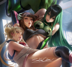 sakimichan:   My top three MyHeroAcadamia  Wifus Older version of Toga X Uraraka X Tsuyu.🥰 Was a interesting challenge drawing them in a vertical  fashion. yuri psd,hd jpg, video process  etc-https://www.patreon.com/posts/26791032  