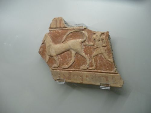 Baths of Diocletian - GabiiA polychrome terracotta slab representing Minotaur with a feline. Gabii, 
