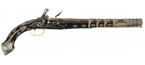 peashooter85: German silver adorned Mediterranean flintlock pistol. Sold At Auction: $1,700