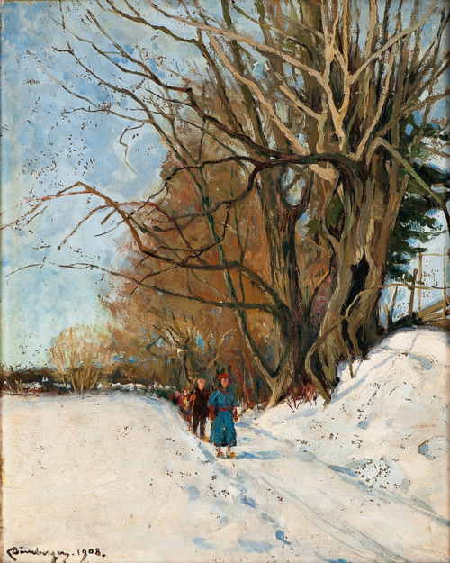 Skiing   -   Karl  Dørnberger ,  1908Norwegian, 1864-1940Oil on panel,, 50 x 40