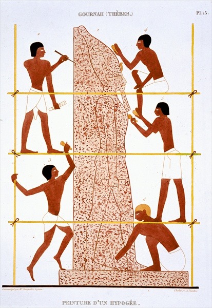 Stonemasons making colossal statue of the Pharaoh, from a Rare Record of Frescoes from Thebes, recor