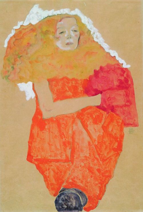 Egon Schiele, Woman with red muff in orange-colored dress, 1911. Watercolor. 2003 sold for € 736.000
