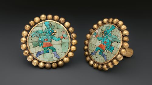 Pair of Ear Ornaments with Winged Runners, Moche, Peru, A.D. 400–700,These winged creatur