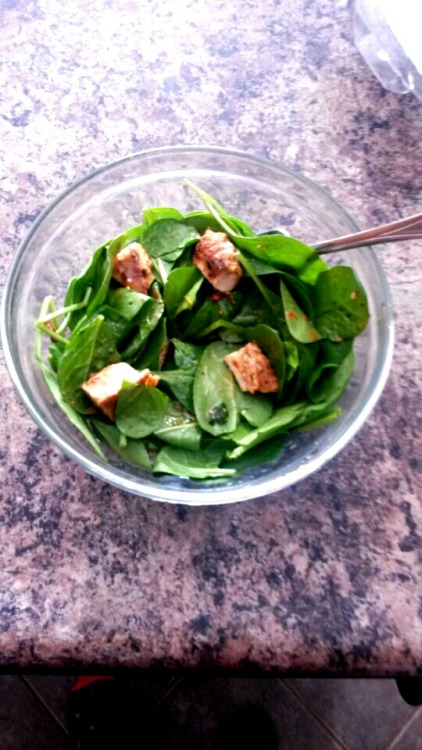 skypeslut:  Spinach salad with pan seared chicken breast and sun dried tomato dressing :)