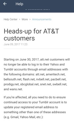youre-on-a-starship:  snakesneakers: myurbandream:  I haven’t seen this info floating around Tumblr, so I’m putting it up here.  Starting June 30th, 2017, Tumblr users will no longer be able to log in to Tumblr using AT&amp;T-affiliated email addresses!