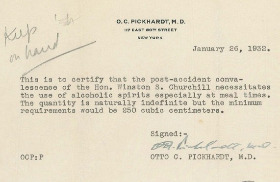 Winston Churchill’s license to drink ‘Unlimited’ alcohol in prohibition America