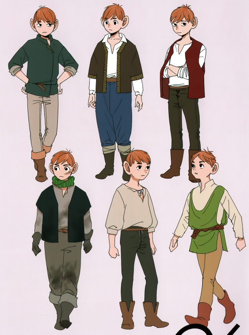 Chilchuck shown in 6 different outfits. He has a few strands of grey hair in the drawings. First outfit is a dark green top with gray pants, the second is a white button-up with a brown jacket on top and baggy blue pants. third is a white shirt with a red vest on top of his crossed arms and dark pants. Fourth has dirt on his face, is wearing his green scarf and grey dirty work clothes. Fifth has a white loose shirt and dark pants. Sixth and final Chilchuck has a middle part in his hair, a white shirt with a green loose tunic on top held on by a belt, with light brown pants, all outfits have differing shades of brown boots.