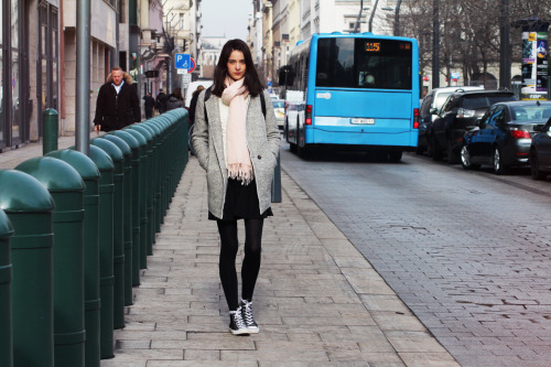 christinasshow:“Winter outfit with black opaque tights and sneakers.”- Nora Aradi