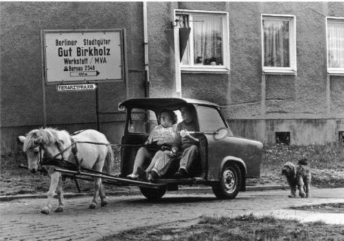 Horse drawn rear half of a Trabant, East Germany, 1970′s