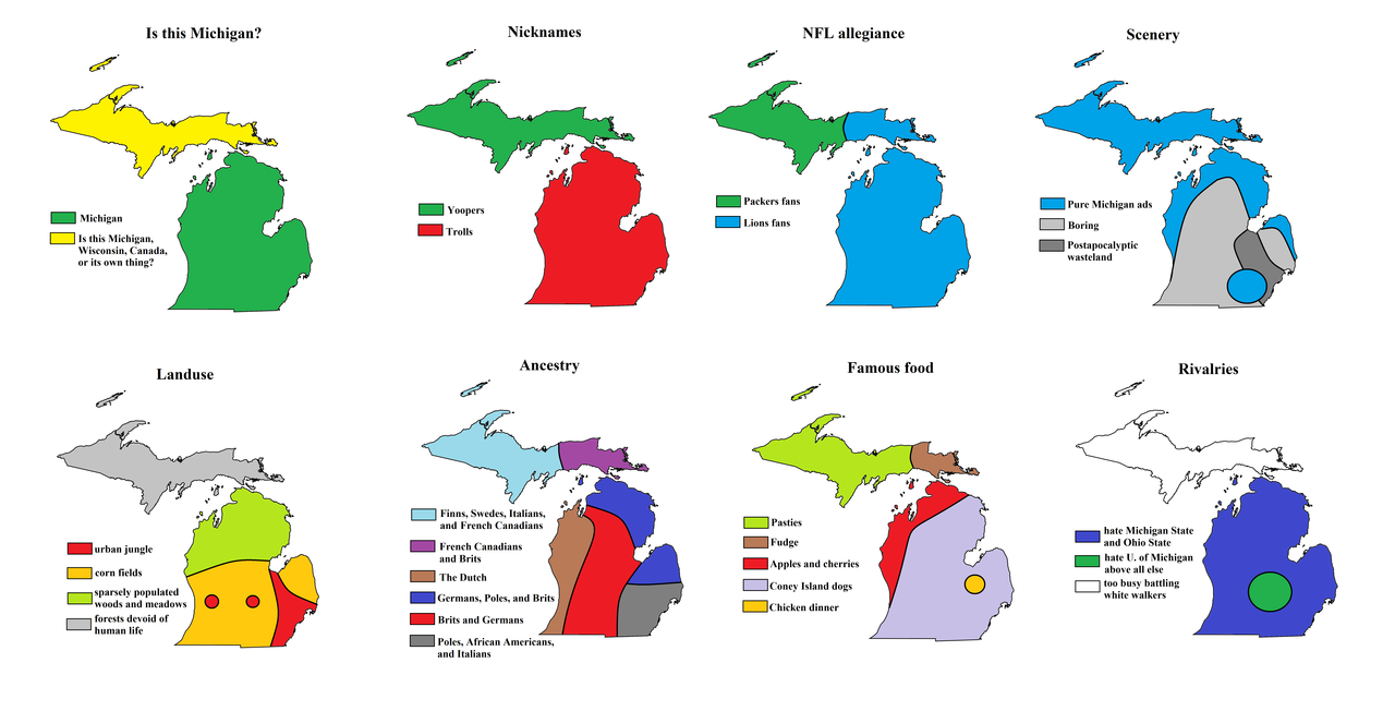 mapsontheweb:  Eight ways to divide Michigan. More stereotype maps &gt;&gt;