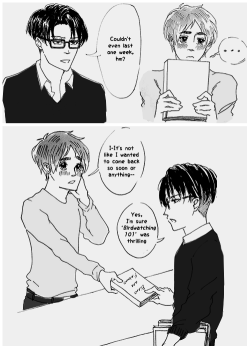 ryuusea: The library au continues. Where Eren borrows books without even looking at what they’re about so he has an excuse to talk to Levi, the new librarian. I am going to end up continuing writing this, likely with lame book puns/pickup lines. 