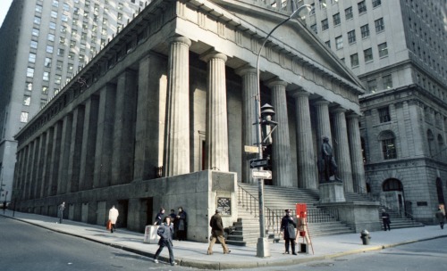 Federal Hall and Wall Street, New York City, Holiday Season, 1973.