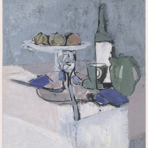 Still life with fruit plate on foot   -    Jan RoosBelgian,b. 1951-Gouache,pen in indian ink on pape