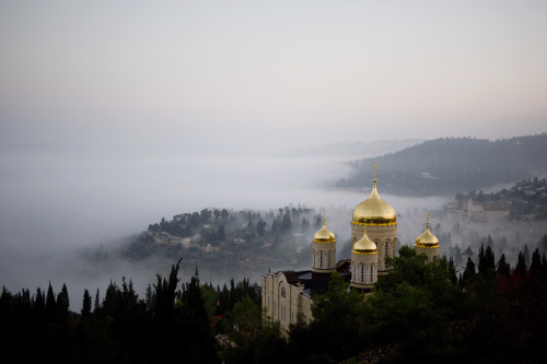 benadrylpapi: Fog forms beneath the Gorny Convent of the Russian Orthodox Church in Ein Kerem, an an