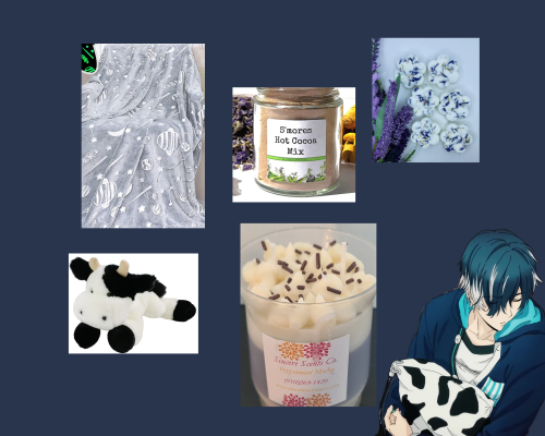 Selfcare kit for Belphegor: Glow in the dark blanket w/planets and stars, $19.99 Cow plush, $13.99 S