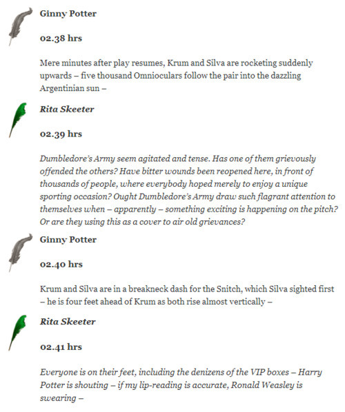 flying-giraffe:  The entire feed from the Quidditch World Cup, edited for easier reading :)