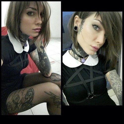 @refendoe is looking like a fashionable Wednesday Addams in her #Pentagram #harness by @sinnercoutur