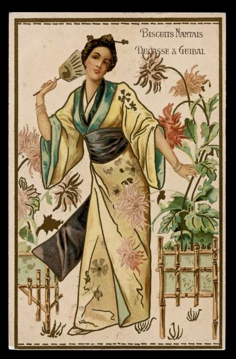 Vintage Japanese-influenced advertising postcard for the brand Ducasse & Guibal. “Lady wit