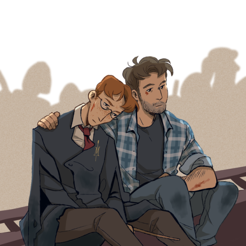 malpal331:Percy Weasley and Oliver Wood in the aftermath of the Battle of Hogwarts.  Because th