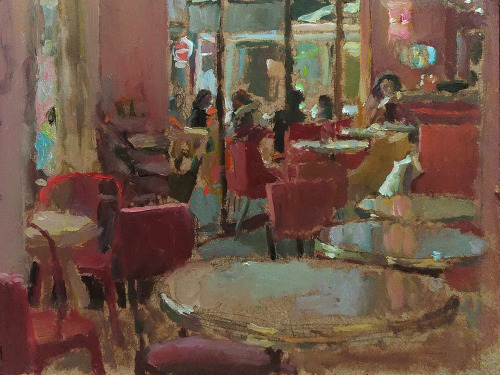 At the pitcher Bar  -   Marc Dailly , 2020.French,b.1978-oil on wood ,24 x 18 cm.