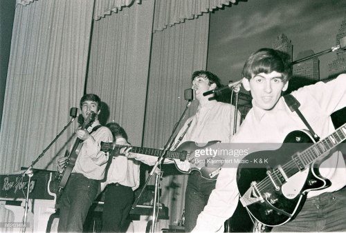 George Harrison, Paul McCartney, John Lennon, Pete Best, and Roy Young on stage at The Star-Club in 