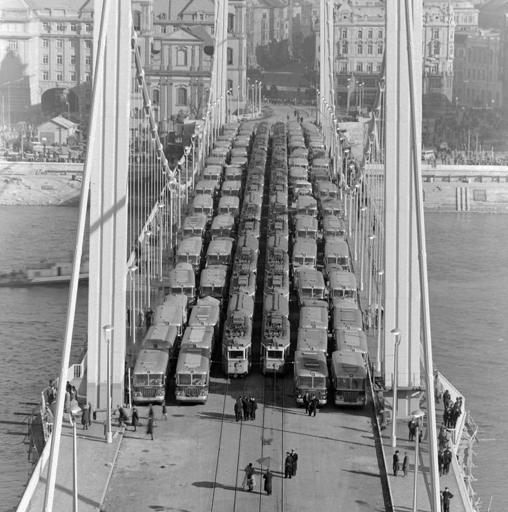 furtho:  Load-test of the new Elisabeth Bridge, Budapest, 1964 (via Old Budapest)