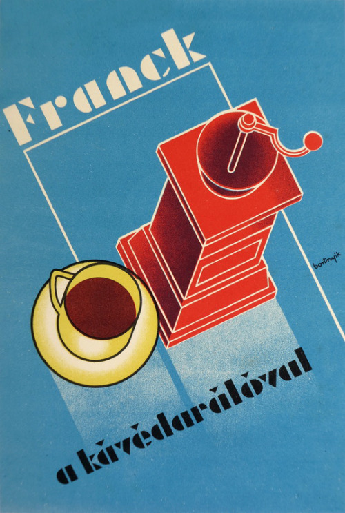 Sándor Bortnyik, poster artwork for Franck Coffee, 1930. Including bauhaus font and colors. Via bedo