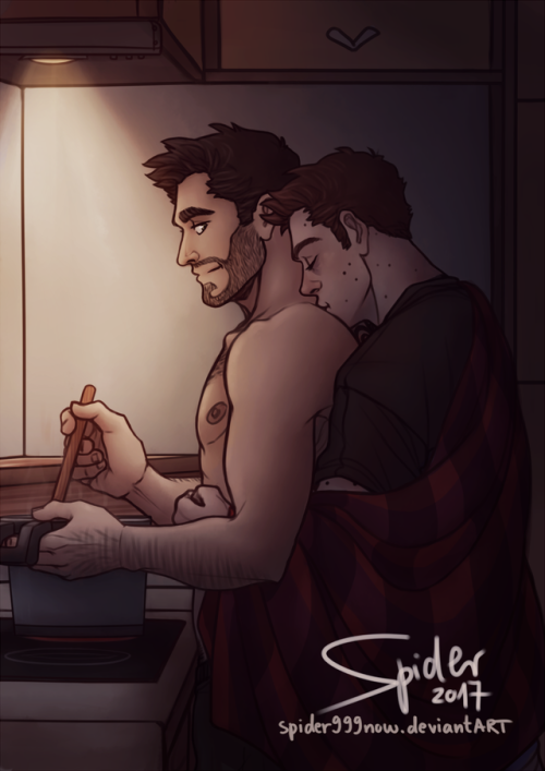 spider999now:  Concept: Stiles gets sick and can’t sleep so Derek makes him a soup in the middle of the night.   (i just can’t stop drawing domestic fanarts tbh :’D) 